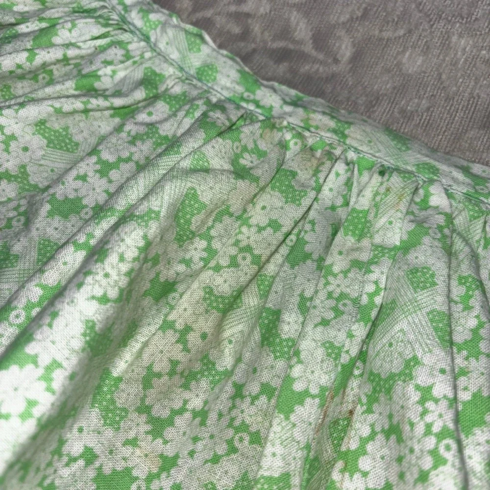 Vintage Green White Floral Calico Half Apron Cottagecore Retro Gathered Waist‎